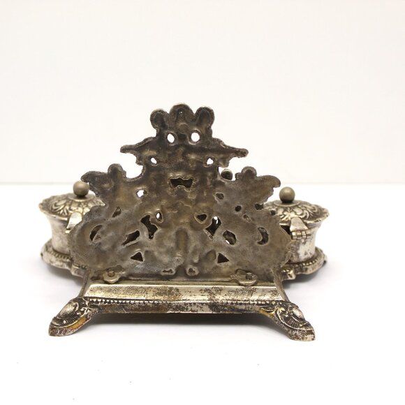 Rococo Style Silver Plated Brass Desktop Double Inkwell w/Cherubs Letter Holder - Picture 9 of 11